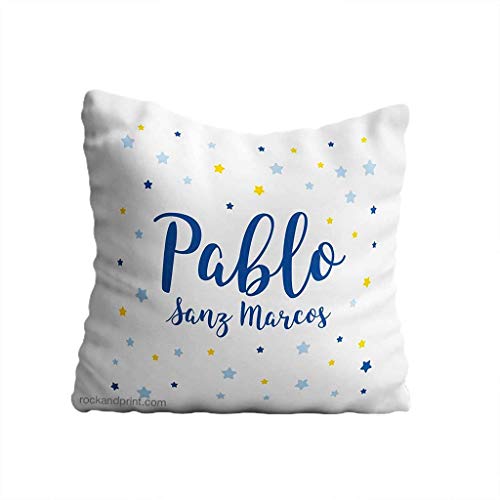 Cojín guardería personalizado 40x40 cm. Incluye relleno. Nombre y estrellas. Elige el color del diseño. Regalo nacimiento, recién nacido, bebe. Cojines infantiles originales.