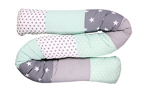 Cojín protector para cuna de ULLENBOOM ® cojín chichonera en forma de serpiente menta gris (ideal para proteger al bebé de los barrotes de la cuna o como cojín de apoyo)