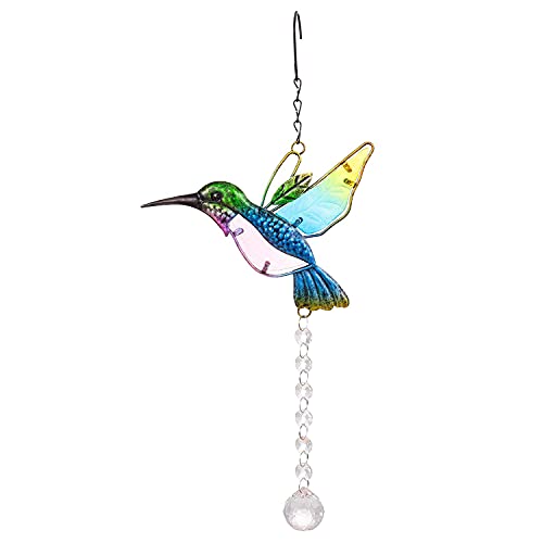 Colgante De Prisma De Cristal, 1 Pezzo Cristallo e Ferro Colibrí Colgante Prisma, Cristal con Atrapasueños de Colibrí, Colibrí Arco Iris Adorno, para Hogar, Ventana, Jardín, Pared Decoración(Azul)