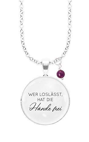 Collar sin níquel de aleación de plata de ley de 80 cm con colgante que dice "Wer loslässt hat die Hände frei" y piedra de amatista contra los pensamientos y energías negativas