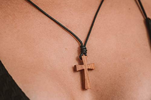 CollCollar de Madera de Olivo Genuino con Cruz Colgante 36 mm Banda Trenzada Longitud Ajustable Hecho a Mano España Mallorca