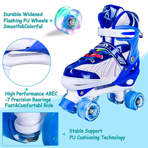 Colmanda Patines Roller, Patines 4 Ruedas Ajustables, Patines Niñas Niños, Patines de Ruedas para Adolescentes, Principiantes, 3 Tamaños (Azul Blanco, S(31-34))