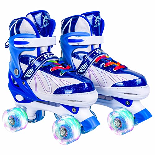 Colmanda Patines Roller, Patines 4 Ruedas Ajustables, Patines Niñas Niños, Patines de Ruedas para Adolescentes, Principiantes, 3 Tamaños (Azul Blanco, S(31-34))