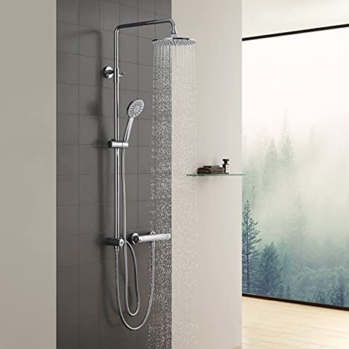 Columna de Ducha sin Grifo CECIPA, con Barra de Ducha Regulable en Altura (77-112 cm), Ducha de Lluvia Rociador Redondo de 22 cm, 3 Tipos de Chorro.