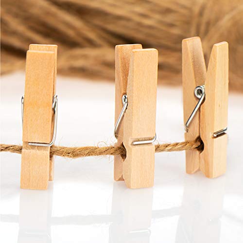 com-four® 120x Mini Pinzas y Cuerda de Yute de 50 m - Pinzas de Madera para Decorar fotografías, collages y más (120 Piezas - Natural)