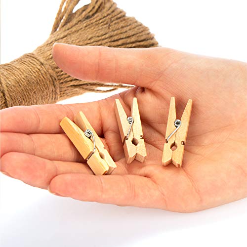 com-four® 120x Mini Pinzas y Cuerda de Yute de 50 m - Pinzas de Madera para Decorar fotografías, collages y más (120 Piezas - Natural)