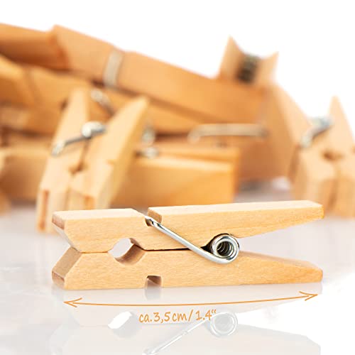 com-four® 120x Mini Pinzas y Cuerda de Yute de 50 m - Pinzas de Madera para Decorar fotografías, collages y más (120 Piezas - Natural)