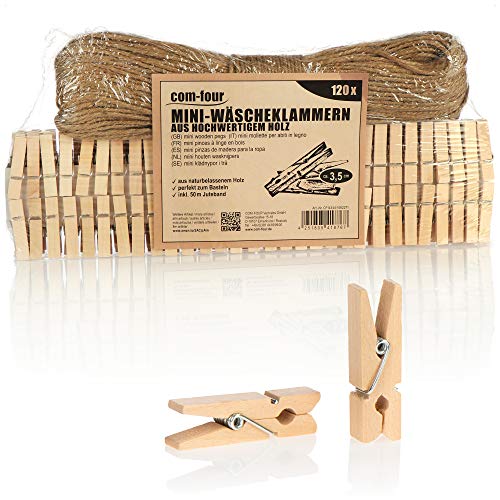 com-four® 120x Mini Pinzas y Cuerda de Yute de 50 m - Pinzas de Madera para Decorar fotografías, collages y más (120 Piezas - Natural)