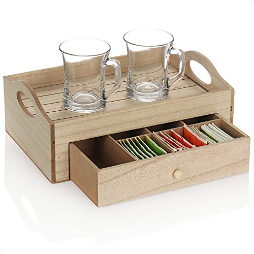 com-four® Bandeja rústica para Servir el té - Bandeja con Caja para Guardar el té - Caja de té de Estilo rústico con 7 Compartimentos - Caja de té con cajón (Madera - Beige)