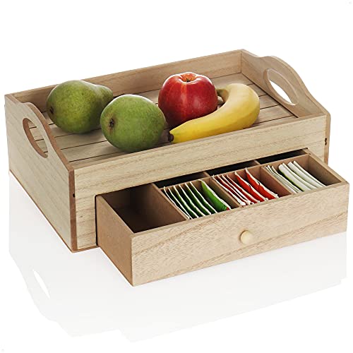 com-four® Bandeja rústica para Servir el té - Bandeja con Caja para Guardar el té - Caja de té de Estilo rústico con 7 Compartimentos - Caja de té con cajón (Madera - Beige)