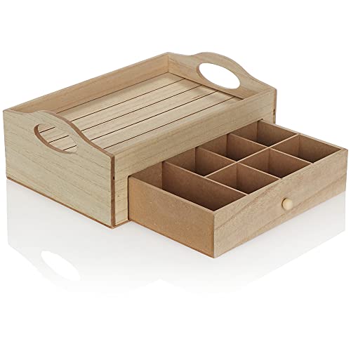 com-four® Bandeja rústica para Servir el té - Bandeja con Caja para Guardar el té - Caja de té de Estilo rústico con 7 Compartimentos - Caja de té con cajón (Madera - Beige)