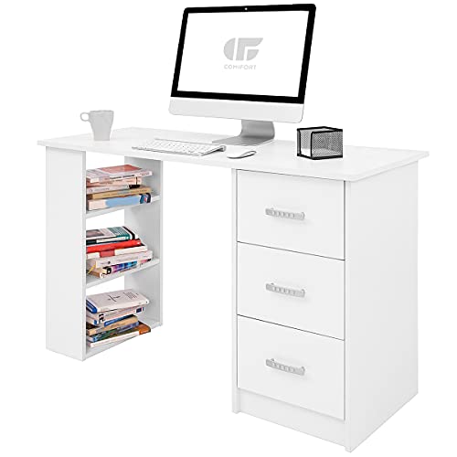 COMIFORT Escritorio Blanco Ordenador Pequeño | Cajones y Estantes, Mesa de Oficina Escritorios Juveniles para el Ordenador o Mesa de Despacho, Escritorio de Color Blanco