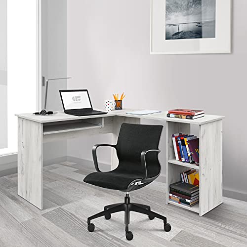 COMIFORT Escritorio Forma L - Mesa de Estudio Esquinera con Estantería de Estructura Firme, Moderna y Minimalista con 2 Baldas Espaciosas y de Gran Capacidad. Escritorio en L - Serpis Kraft