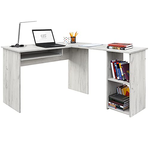 COMIFORT Escritorio Forma L - Mesa de Estudio Esquinera con Estantería de Estructura Firme, Moderna y Minimalista con 2 Baldas Espaciosas y de Gran Capacidad. Escritorio en L - Serpis Kraft