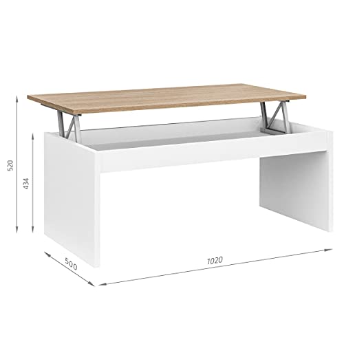 COMIFORT Mesa Centro Elevable - Mesa Salón Funcional con Gran Almacenaje, Moderna, Elegante, Muy Resistente, 2 Patas, Color Blanco y Roble