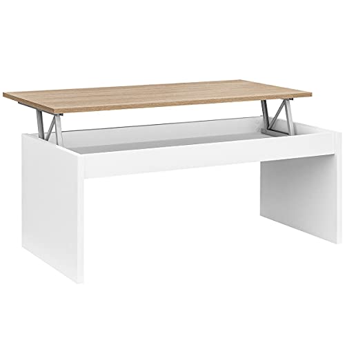 COMIFORT Mesa Centro Elevable - Mesa Salón Funcional con Gran Almacenaje, Moderna, Elegante, Muy Resistente, 2 Patas, Color Blanco y Roble