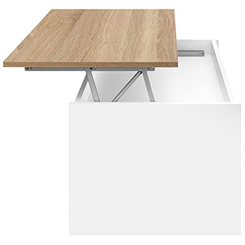 COMIFORT Mesa Centro Elevable - Mesa Salón Funcional con Gran Almacenaje, Moderna, Elegante, Muy Resistente, 2 Patas, Color Blanco y Roble
