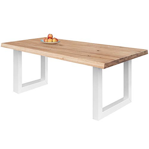 COMIFORT Mesa de Comedor - Mueble para Salon Oficina Despacho Robusto y Moderno de Roble Macizo Color Dorado con Lado Ondulado, Patas de Acero U-Forma Blancas (140x90 cm)