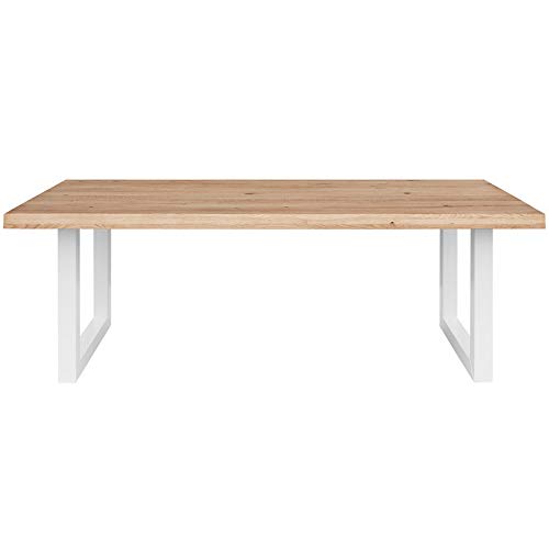 COMIFORT Mesa de Comedor - Mueble para Salon Oficina Despacho Robusto y Moderno de Roble Macizo Color Dorado con Lado Ondulado, Patas de Acero U-Forma Blancas (140x90 cm)