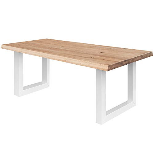 COMIFORT Mesa de Comedor - Mueble para Salon Oficina Despacho Robusto y Moderno de Roble Macizo Color Dorado con Lado Ondulado, Patas de Acero U-Forma Blancas (140x90 cm)