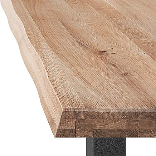 COMIFORT Mesa de Comedor - Mueble para Salon Oficina Despacho Robusto y Moderno de Roble Macizo Color Dorado con Lado Ondulado, Patas de Acero U-Forma Blancas (140x90 cm)