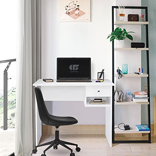 COMIFORT Mesa de Estudio – Escritorio Robusto, Práctico de Estilo Moderno y Minimalista, Gran Capacidad de Almacenaje, 1 Cajón y 1 Estante, Color Blanco