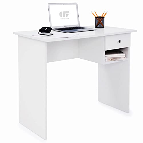 COMIFORT Mesa de Estudio – Escritorio Robusto, Práctico de Estilo Moderno y Minimalista, Gran Capacidad de Almacenaje, 1 Cajón y 1 Estante, Color Blanco