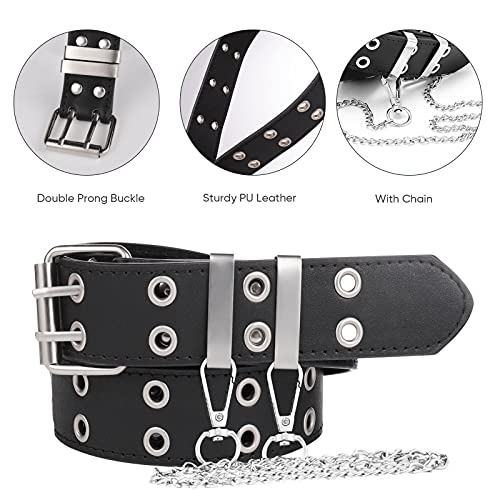Comius Sharp Cinturón de Doble Ojal, 2 Piezas Doble Orificio Cinturón de PU Punk Hip Hop Rock, Cinturón Vaquero para Mujeres y Hombres Cadena de Metal Extraíble (Negro y Blanco)