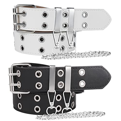 Comius Sharp Cinturón de Doble Ojal, 2 Piezas Doble Orificio Cinturón de PU Punk Hip Hop Rock, Cinturón Vaquero para Mujeres y Hombres Cadena de Metal Extraíble (Negro y Blanco)