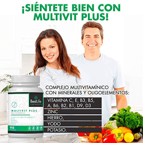 Completo Complejo Multivitamínico + Minerales | Vitamina C, E, B3, B5, A, B6, B2, B1, D9, D3, Zinc, Hierro, Yodo y Potasio | Protege y fortalece tu Sistema Inmune | Aporta Energía y Vitalidad | 90U.