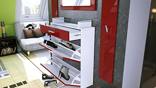 Conjunto de Armario Colgante Malea, Zapatero 89 x 96 x 23 cm Incl. Espejo, Cuerpo en Blanco Mate/Frente en Burdeos de Alto Brillo
