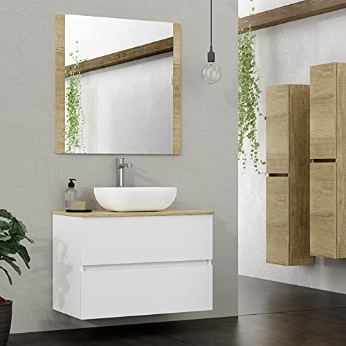 Conjunto de Mueble de Baño, Familia Duo. Mueble 80cm, 2 cajones, suspendido, con Lavabo cerámico sobre Top, y Espejo con Marco de Madera. Acabado en Blanco Seda. Se Entrega Montado.