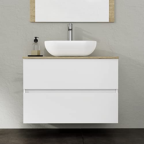 Conjunto de Mueble de Baño, Familia Duo. Mueble 80cm, 2 cajones, suspendido, con Lavabo cerámico sobre Top, y Espejo con Marco de Madera. Acabado en Blanco Seda. Se Entrega Montado.
