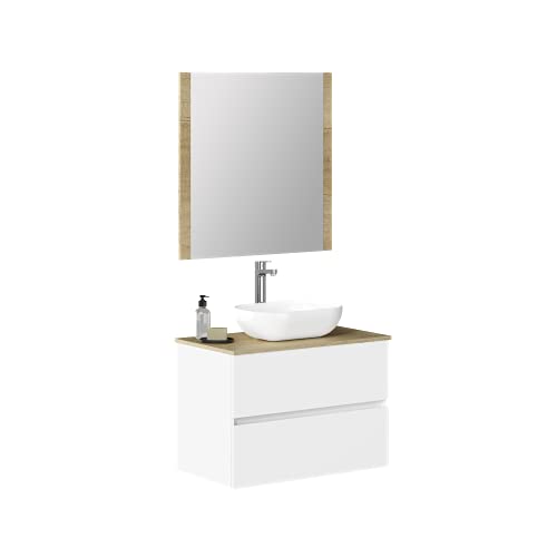 Conjunto de Mueble de Baño, Familia Duo. Mueble 80cm, 2 cajones, suspendido, con Lavabo cerámico sobre Top, y Espejo con Marco de Madera. Acabado en Blanco Seda. Se Entrega Montado.