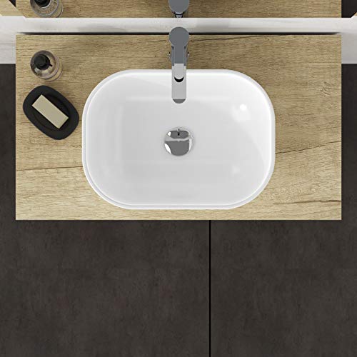Conjunto de Mueble de Baño, Familia Duo. Mueble 80cm, 2 cajones, suspendido, con Lavabo cerámico sobre Top, y Espejo con Marco de Madera. Acabado en Blanco Seda. Se Entrega Montado.