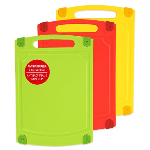 Coolinato Juego de 3 Tablas de Cortar antibacterianas aptas para lavavajillas, surco y Mango, Multicolor, tamaño M 29,2 x 20,3 x 0,78 cm