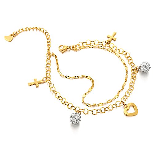 COOLSTEELANDBEYOND Color Oro Acero Inoxidable Tobillera para Mujer con Charms Cruz, Circonio Cúbico y Corazón