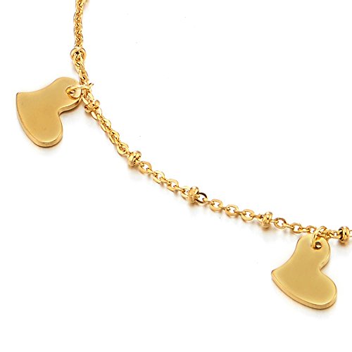 COOLSTEELANDBEYOND Color Oro Acero Inoxidable Tobillera para Mujer con Corazón Charms y Cascabel