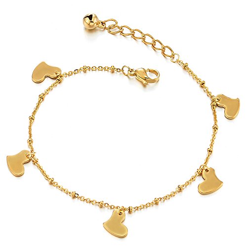 COOLSTEELANDBEYOND Color Oro Acero Inoxidable Tobillera para Mujer con Corazón Charms y Cascabel