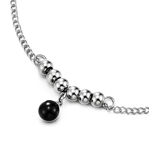 COOLSTEELANDBEYOND Mujer Acero Inoxidable Cadena Enlace Tobillera con Perla Cadena, Colgantes Negro Ónix Perla, Ajustable