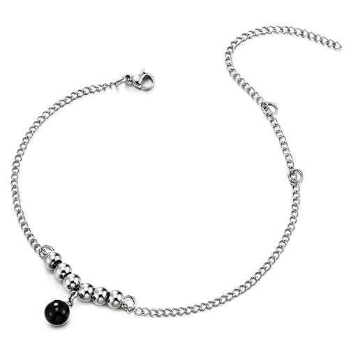 COOLSTEELANDBEYOND Mujer Acero Inoxidable Cadena Enlace Tobillera con Perla Cadena, Colgantes Negro Ónix Perla, Ajustable