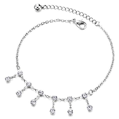 COOLSTEELANDBEYOND Mujer Cadena Enlace Tobillera con Charms, Solitaire Circonio Cúbico Círculo Borla y Cascabel