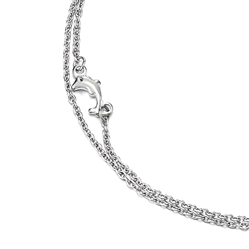 COOLSTEELANDBEYOND Mujer Dos Hileras Acero Inoxidable Cadena Enlace Tobillera con Delfines Charms, Cascabel, Ajustable