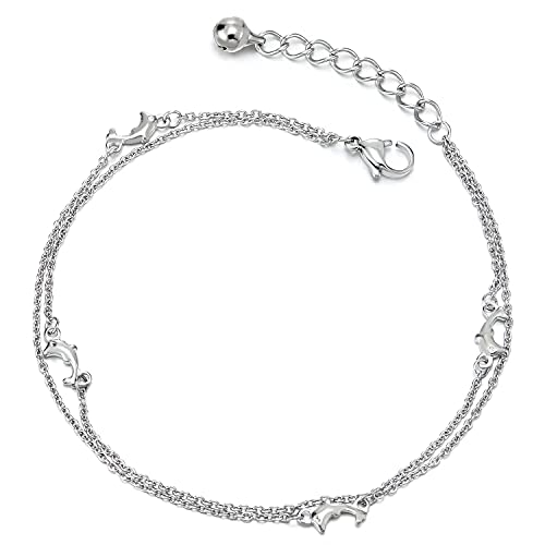 COOLSTEELANDBEYOND Mujer Dos Hileras Acero Inoxidable Cadena Enlace Tobillera con Delfines Charms, Cascabel, Ajustable