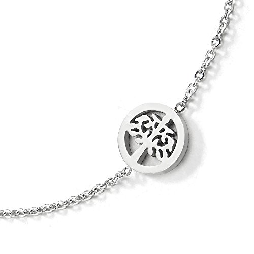COOLSTEELANDBEYOND Unico Acero Inoxidable Cadena Enlace Tobillera para Mujer con árbol de la Vida Círculo, Ajustable