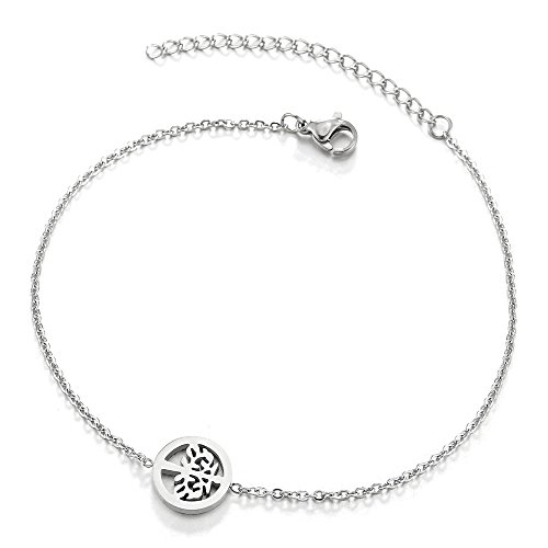 COOLSTEELANDBEYOND Unico Acero Inoxidable Cadena Enlace Tobillera para Mujer con árbol de la Vida Círculo, Ajustable