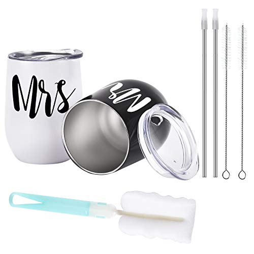Copa de vino regalo de boda para novios, 12 oz Mr Mrs, copa de vino para regalos de boda, vaso de vino de acero inoxidable con tapa y cepillo de pajita para novios, regalo de compromiso, Navidad