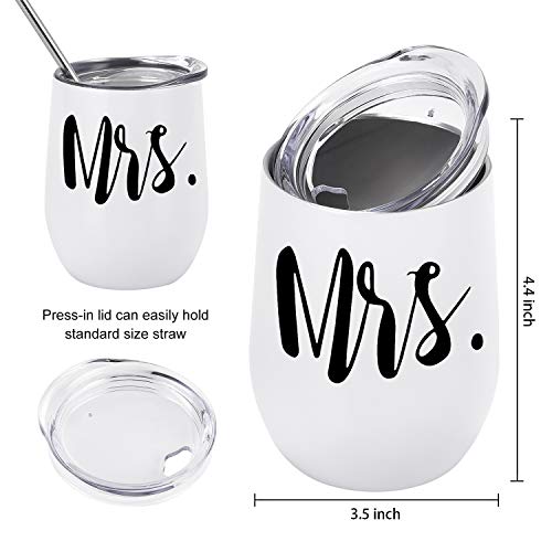 Copa de vino regalo de boda para novios, 12 oz Mr Mrs, copa de vino para regalos de boda, vaso de vino de acero inoxidable con tapa y cepillo de pajita para novios, regalo de compromiso, Navidad
