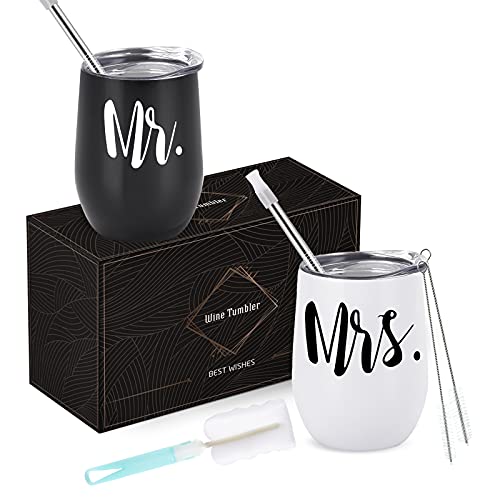 Copa de vino regalo de boda para novios, 12 oz Mr Mrs, copa de vino para regalos de boda, vaso de vino de acero inoxidable con tapa y cepillo de pajita para novios, regalo de compromiso, Navidad