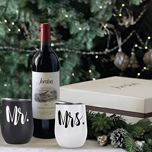 Copa de vino regalo de boda para novios, 12 oz Mr Mrs, copa de vino para regalos de boda, vaso de vino de acero inoxidable con tapa y cepillo de pajita para novios, regalo de compromiso, Navidad